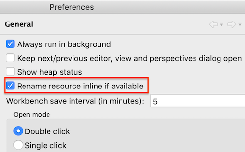 A screenshot of &quot;Rename resources inline&quot; checkbox option.
