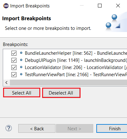 A screenshot of the Import Breakpoints dialog with the new Select All and Deselect All options.