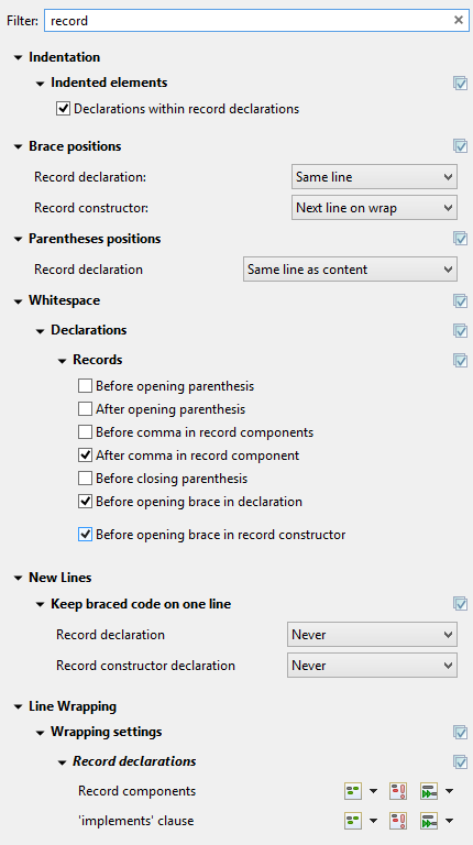 A screenshot of the new settings for record declarations.