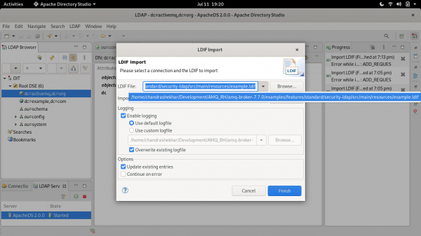 Dialog to configure the LDIF connection and import file.
