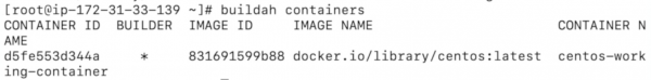 The output of the command &quot;buildah containers&quot;, showing CONTAINER ID, BUILDER, IMAGE ID, IMAGE NAME, and CONTAINER #