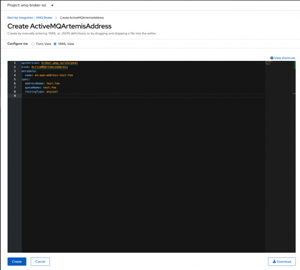 Create ActiveMQArtemisAddress screen
