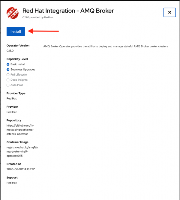 The Red Hat Integration - AMQ Broker screen with the Install button highlighted
