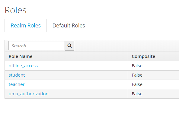 Roles -&gt; Realm Roles showing the newly added roles