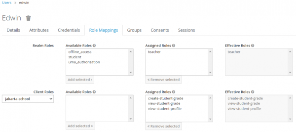Users -&gt; edwin -&gt; Role Mappings with the Client Roles selected