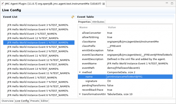 The Live Config screen shows all of the events instrumented by a JMC Agent instance and each event's definition.