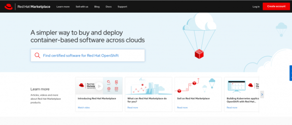 rhm-website red hat marketplace main web site with option to log in or create an account