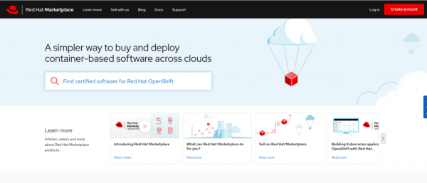 red hat marketplace main web site with option to log in or create an account