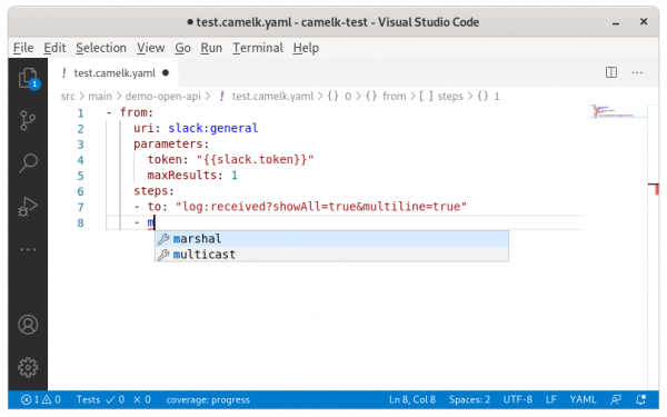 VS Code showing code completion in the file test.camelk.yaml.