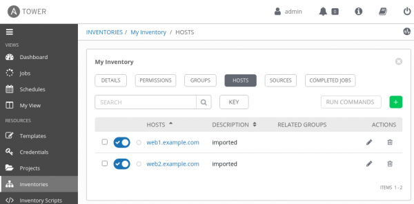 Viewing the HOSTS list in the ansible tower inventory