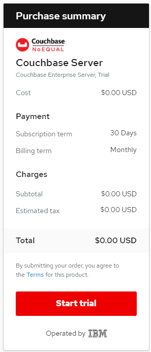 couchbase-start-trial The purchase summary shows no cost for the free trial.