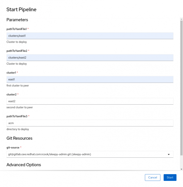 The OpenShift &quot;Start Pipeline&quot; dialog box filled out for the example.