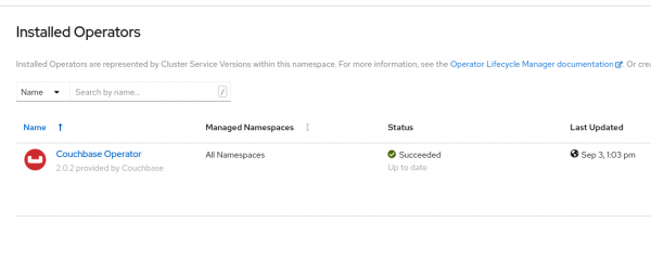installed-operator OpenShift dashboard showing Couchbase Operator installed.