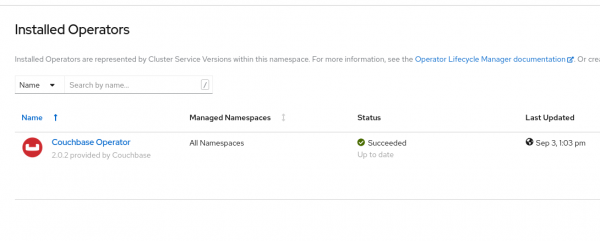 OpenShift dashboard showing Couchbase Operator installed.