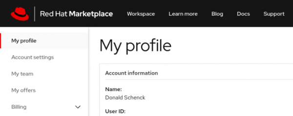 my-profile-page A screenshot of the Red Hat Marketplace 'My profile' page.