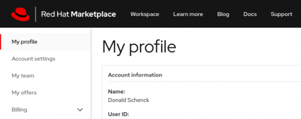 A screenshot of the Red Hat Marketplace 'My profile' page.