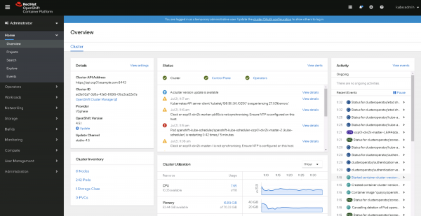 The overview page shows the cluster details, status, and current utilization.