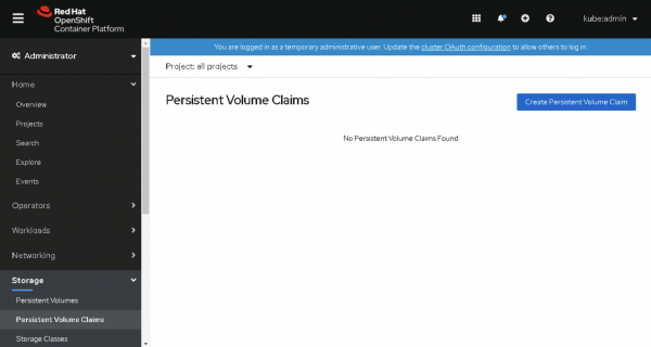 The initial page to create a persistent volume claim.
