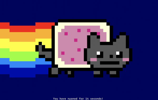 A Nyan Cat displayed on the console screen.
