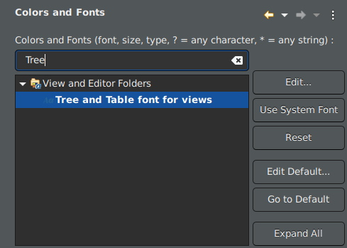 The Project Explorer with the 'Tree and Table font for views' option highlighted.