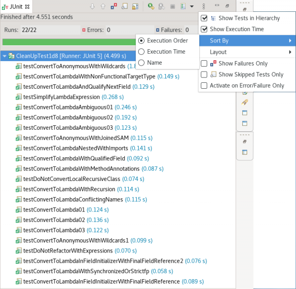 JUnit tests shown in order of execution