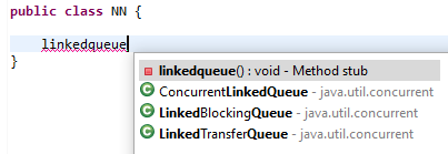 Content Assist returns matches for the search term 'linkedqueue'.