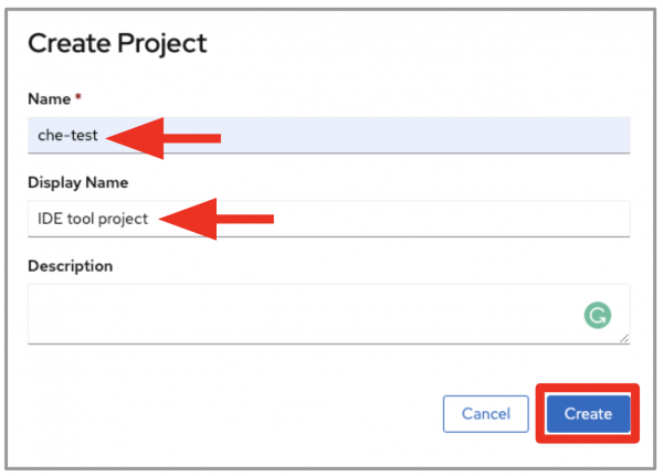 The dialog to create a new project in your OpenShift 4 cluster.