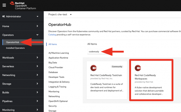 A screenshot of the OperatorHub, where the CodeReady Workspaces Operator tile is outlined in red.