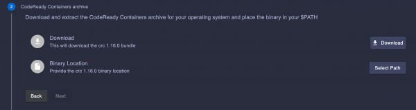 Download the CodeReady Containers binary and add the binary location