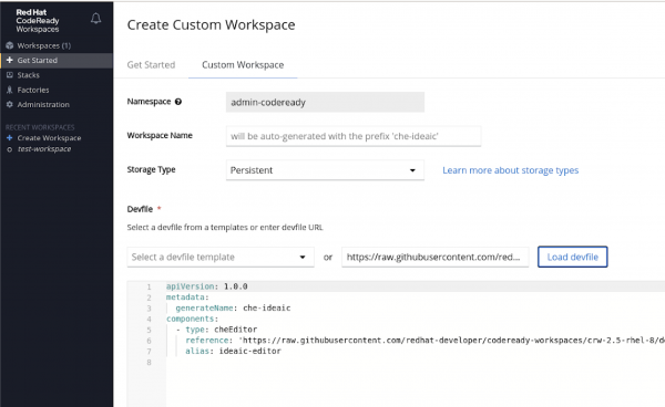 Screenshot of Create a Custom Workspace after loading a Devfile