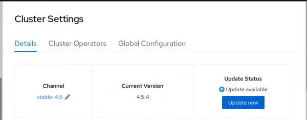 The Cluster Settings screen shows the current version of OpenShift.