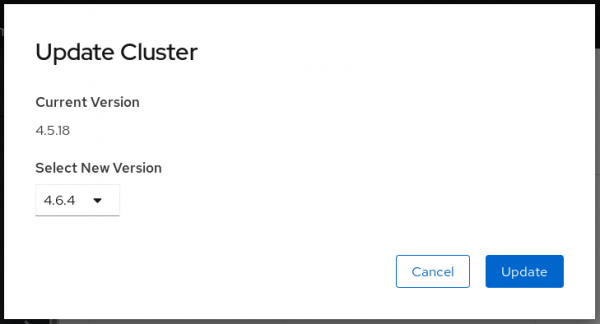 The user has selected version 4.6.4 in the Update Cluster screen.