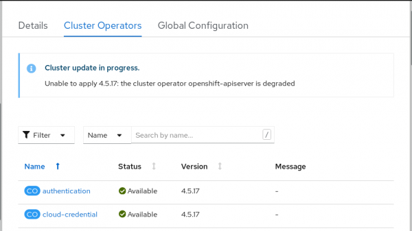 The Cluster Operators screen shows details about updates, including potential problems.