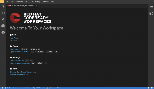 The workspaces landing page includes options to open a new file or update the settings.