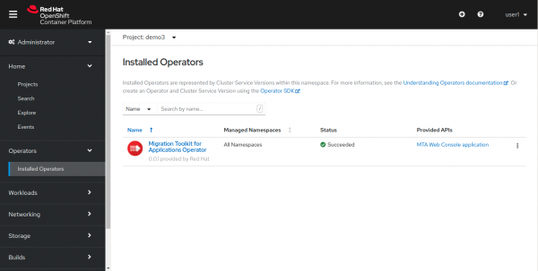 The new migration toolkit for applications Operator installed on OpenShift