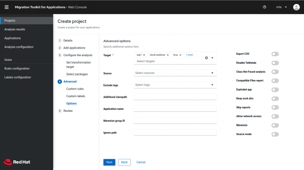 The new interface makes it easy to select advanced options for a migration project