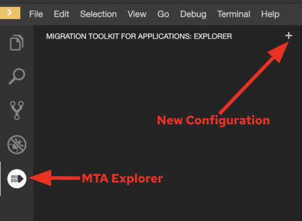 Arrows indicate the MTA explorer icon and the plus symbol to create a new configuration.