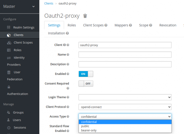 Switch the access type field (client protocol) from public to confidential on the oauth2-proxy page
