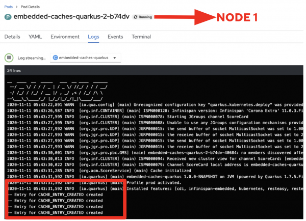 The CacheListener output from Node 1.