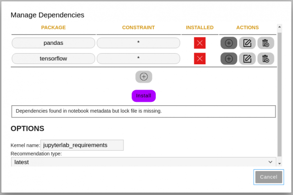 Screenshot of the Manage Dependencies screen with the Install button and sample packages added.