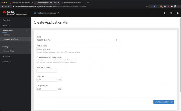3scale Create Application Plan Screen