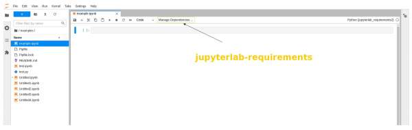 Screenshot of the jupyterlab-requirements extension with the Managed Dependencies menu item highlighted.