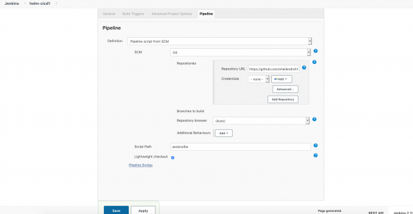 Screenshot showing the Pipeline tab. Select Pipeline script from SCM is selected and the GitHub link that points to the Jenkinsfile is specified.