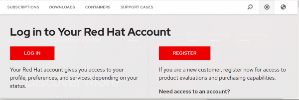 Users may log in or register for access to the Red Hat Customer Portal.