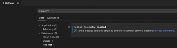 Configuring telemetry in the extension's settings.
