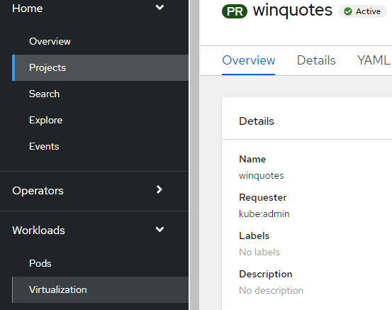 winquotes-virtualization The virtualization option in the OpenShift project dashboard.