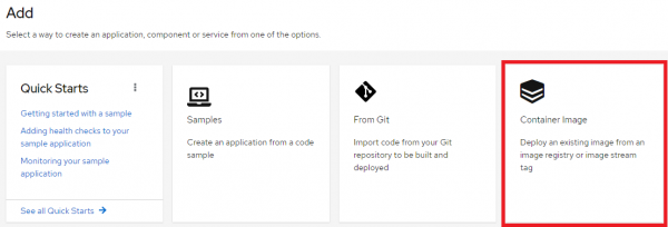 add_options_with_container_image_highlighted OpenShift dashboard options for adding an application, with the Container Image panel highlighted.
