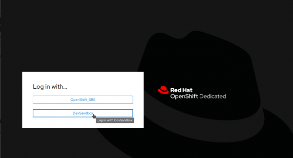 The login screen for OpenShift takes you to a page where you can  get into your Developer Sandbox by clicking a button labeled DevSandbox.