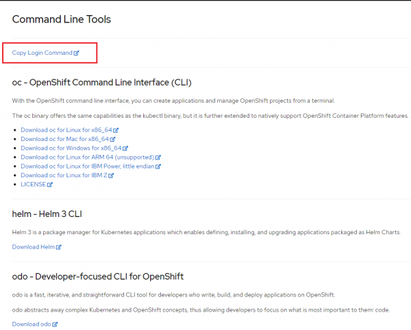 The OpenShift command line tools page, with &quot;Copy Login Command&quot; highlighted.