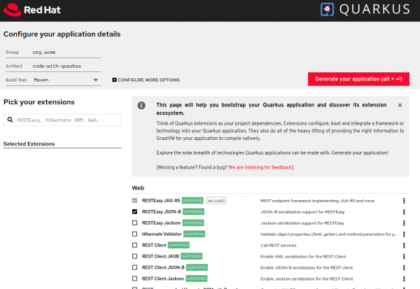 Quarkus project generator at code.quarkus.redhat.com